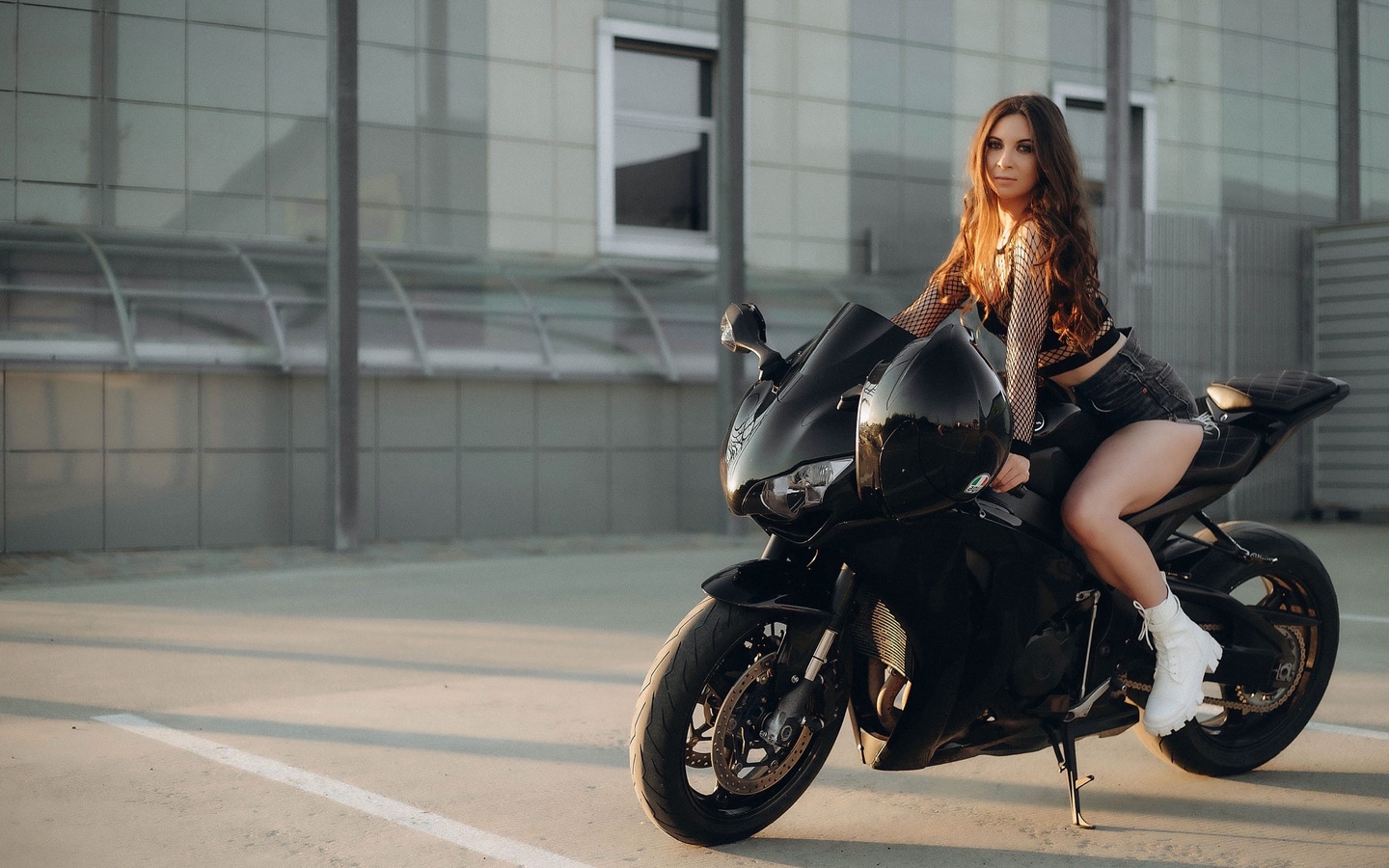 women, model, brunette, women outdoors, jean shorts, motorcycle, women with motorcycles, boots, white boots