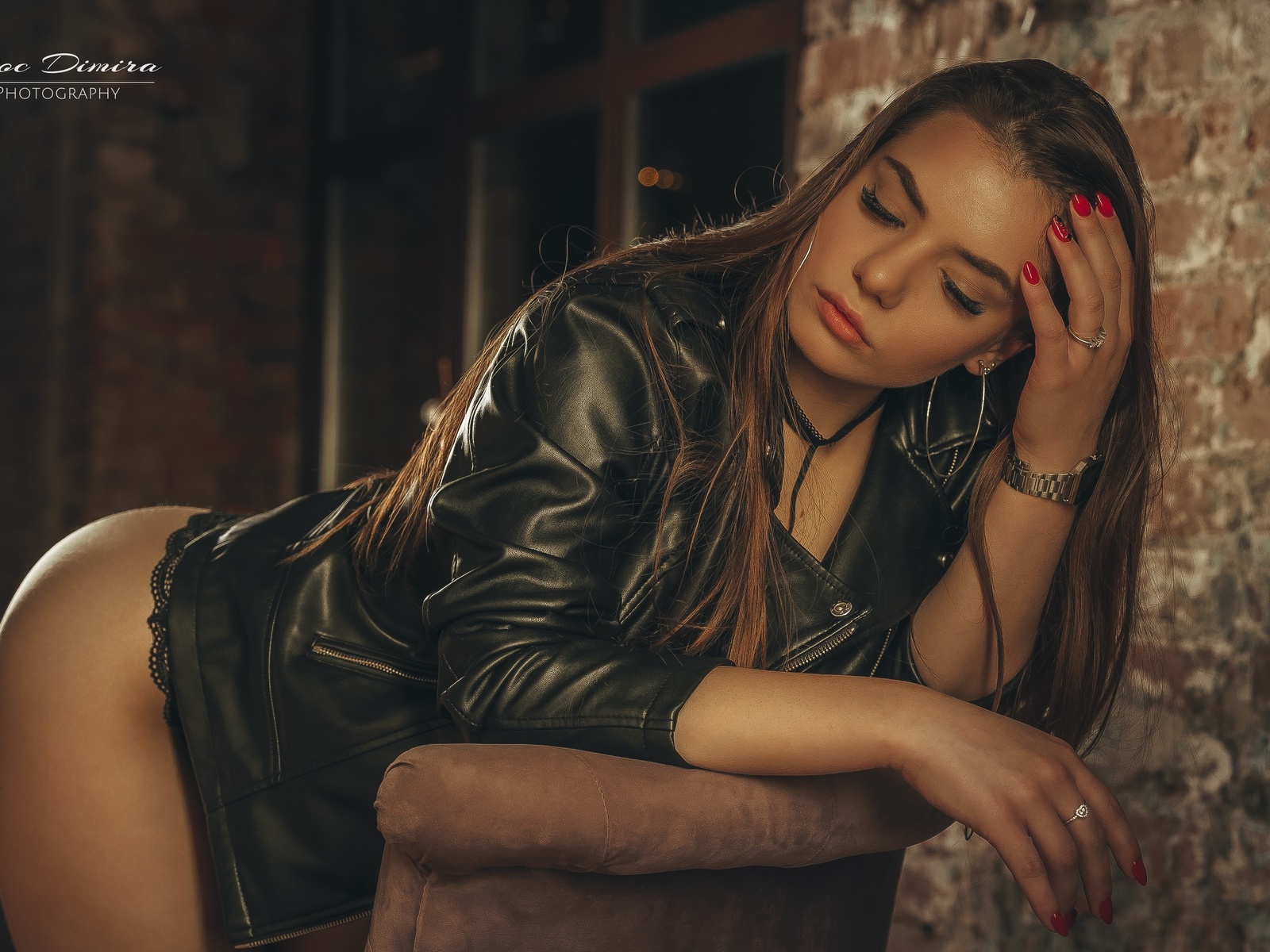 women, model, brunette, women indoors, jacket, hips, leather jacket, ass, couch, window, watch, painted nails, wall