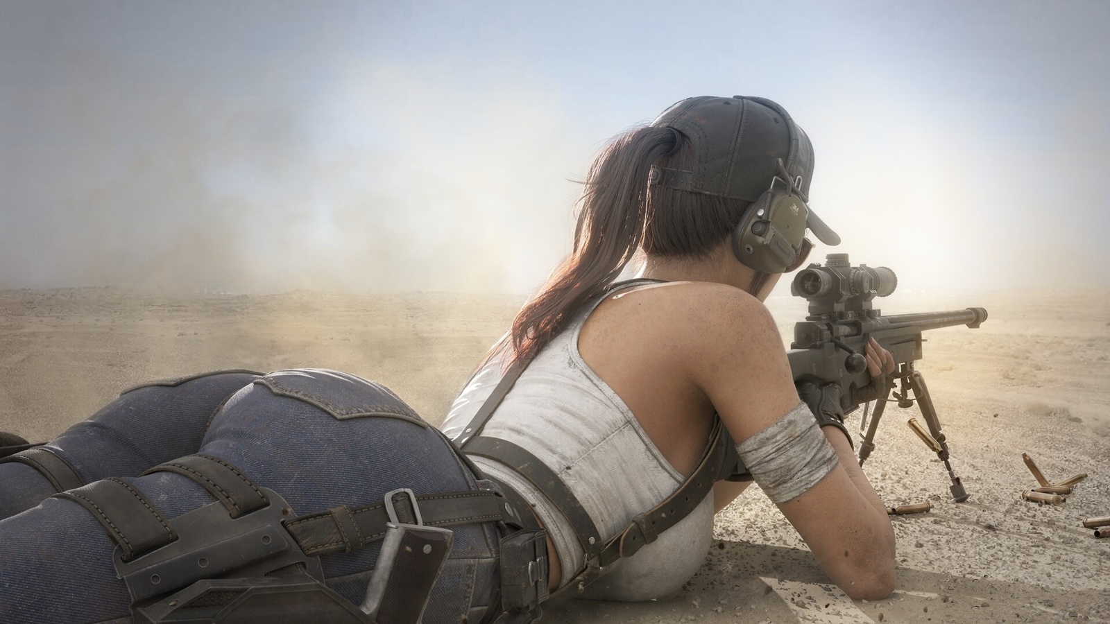 Картинки tomb raider, lara croft, women, brunette, video game girls, video  games, jeans, t-shirt, white t-shirt, desert, baseball cap, ponytail,  rifle, arms, sniper rifle, digital art, fantasy girl, gun, pistol, ass,  sunglasses,