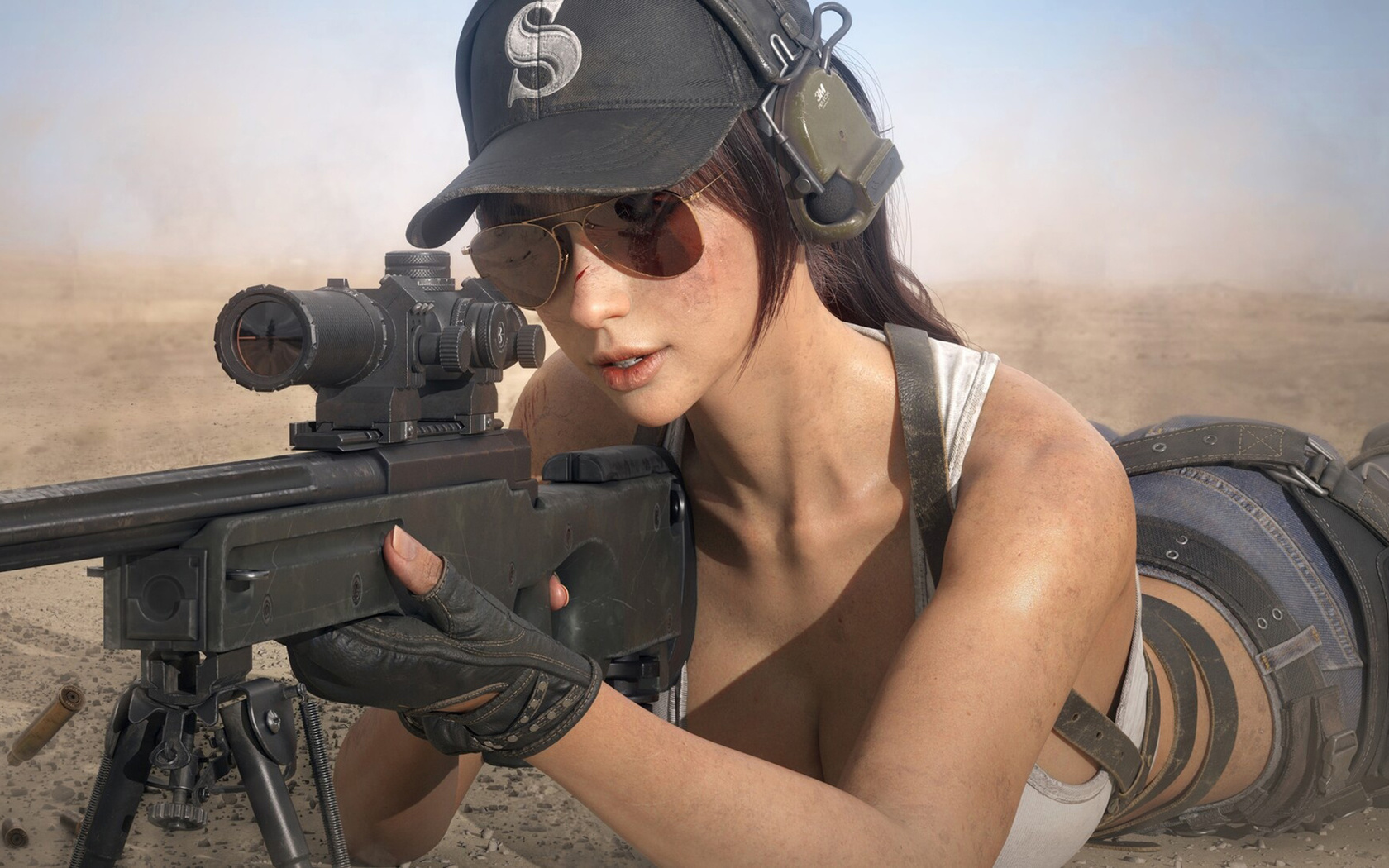 tomb raider, lara croft, video game girls, video games, jeans, t-shirt, white t-shirt, desert, baseball cap, ponytail, rifle, arms, sniper rifle, digital art, fantasy girl, gun, pistol, ass, sunglasses, glasses