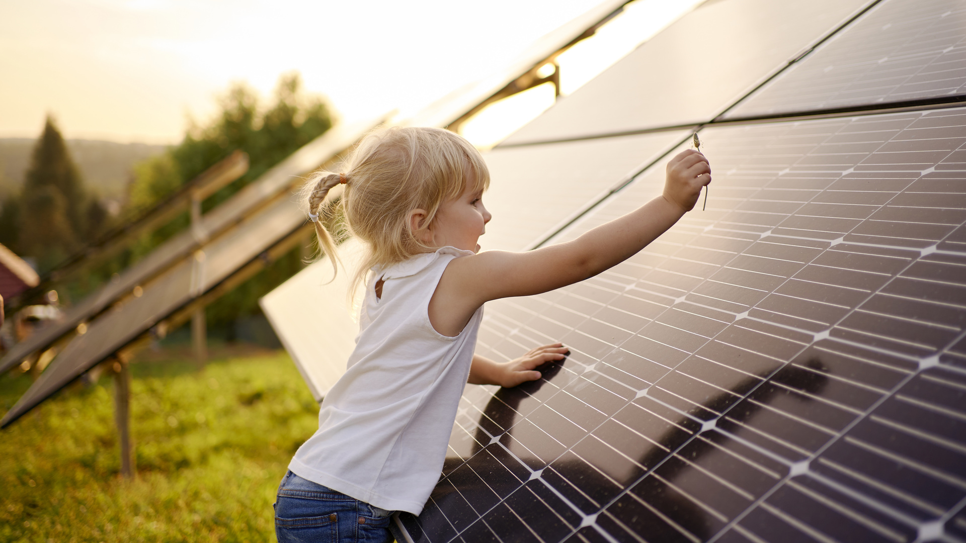 young girl, sunset, solar panel