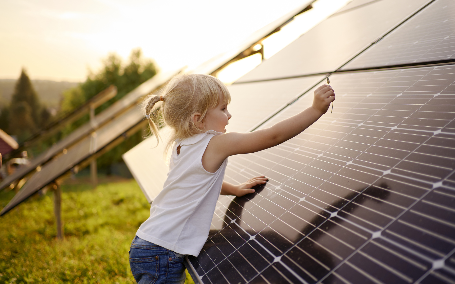 young girl, sunset, solar panel