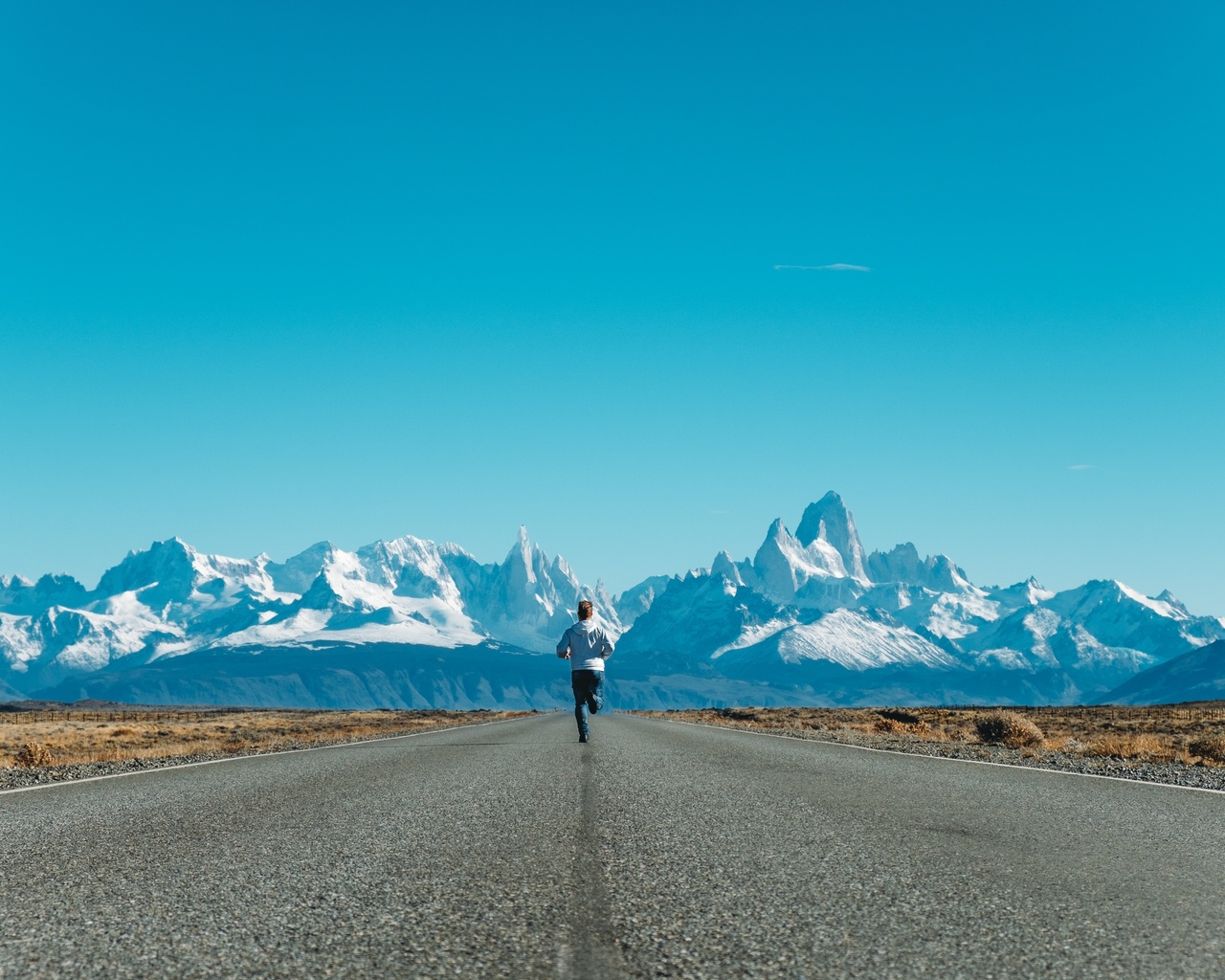 running man, nature, mountain, road, blue sky