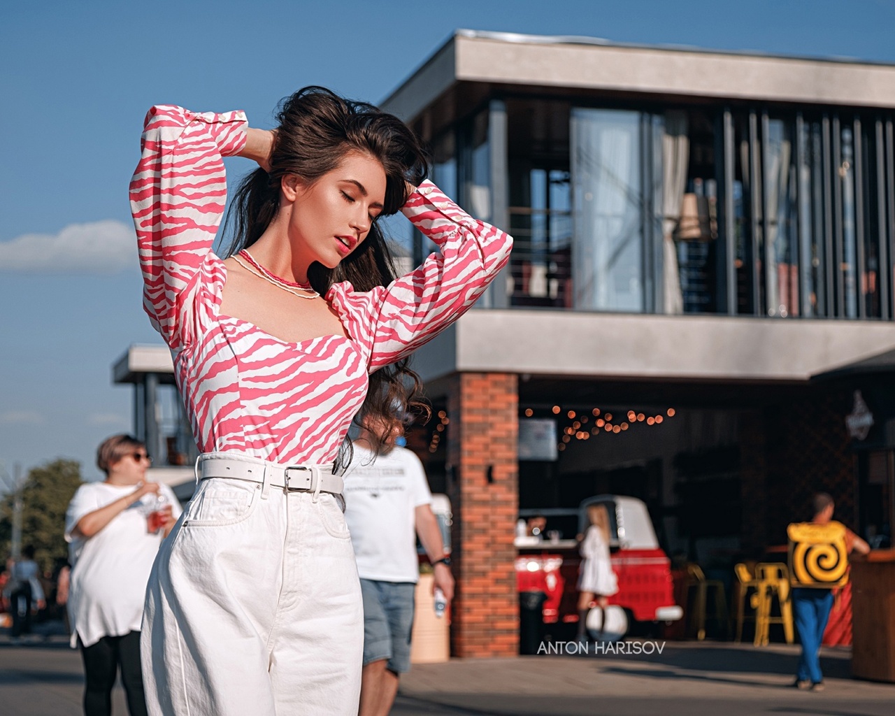 anton harisov, brunette, women, model, women outdoors, public, clouds, sky, blouse, pants, street, people