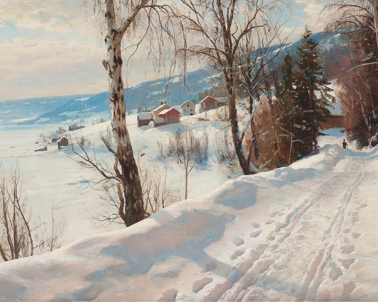 peder mork monsted, danish, 1916, winter scene from vignaes