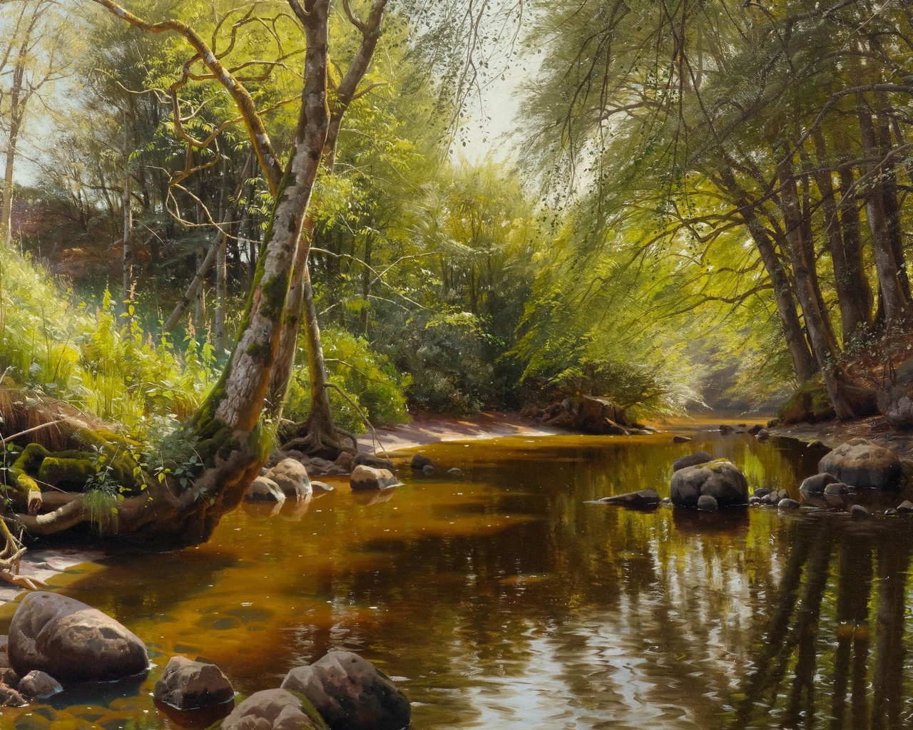 peder mork monsted, danish, 1907, a river landscape