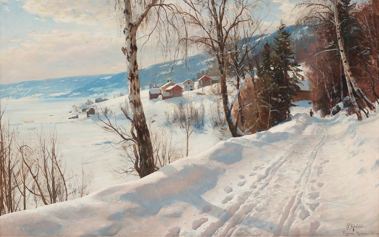 peder mork monsted, danish, 1916, winter scene from vignaes