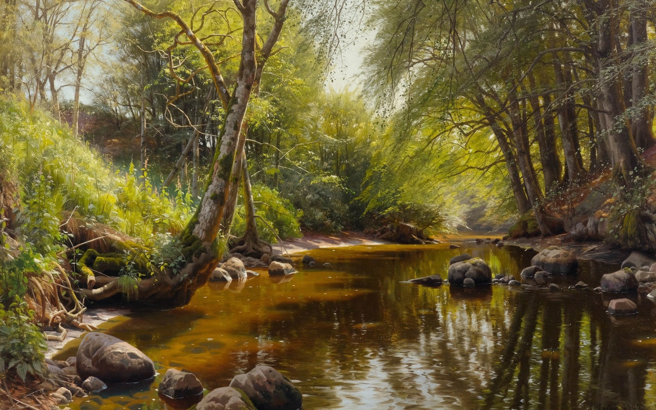 peder mork monsted, danish, 1907, a river landscape