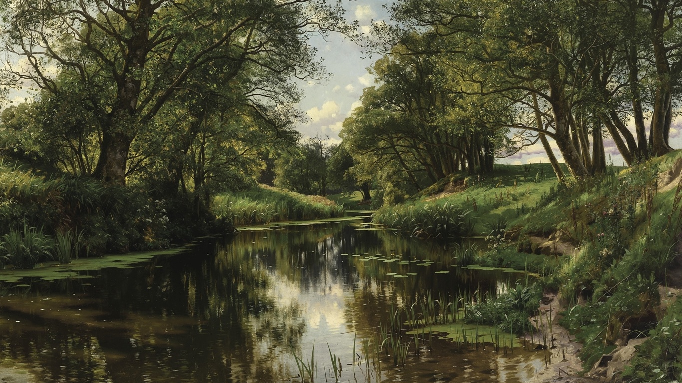 peder mork monsted, danish, 1905, river landscape, summer