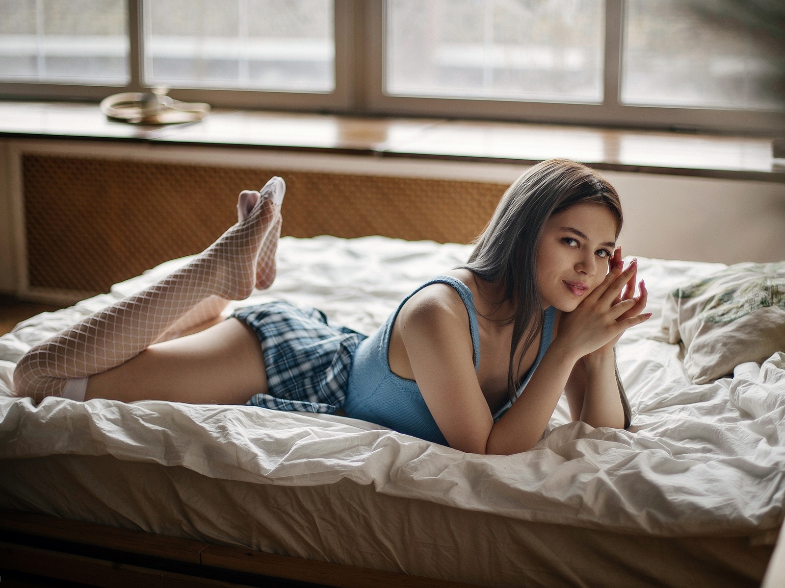  , maksim chuprin, women, model, brunette, in bed, bed, plaid skirt, miniskirt, fishnet stockings, stockings, window, short tops