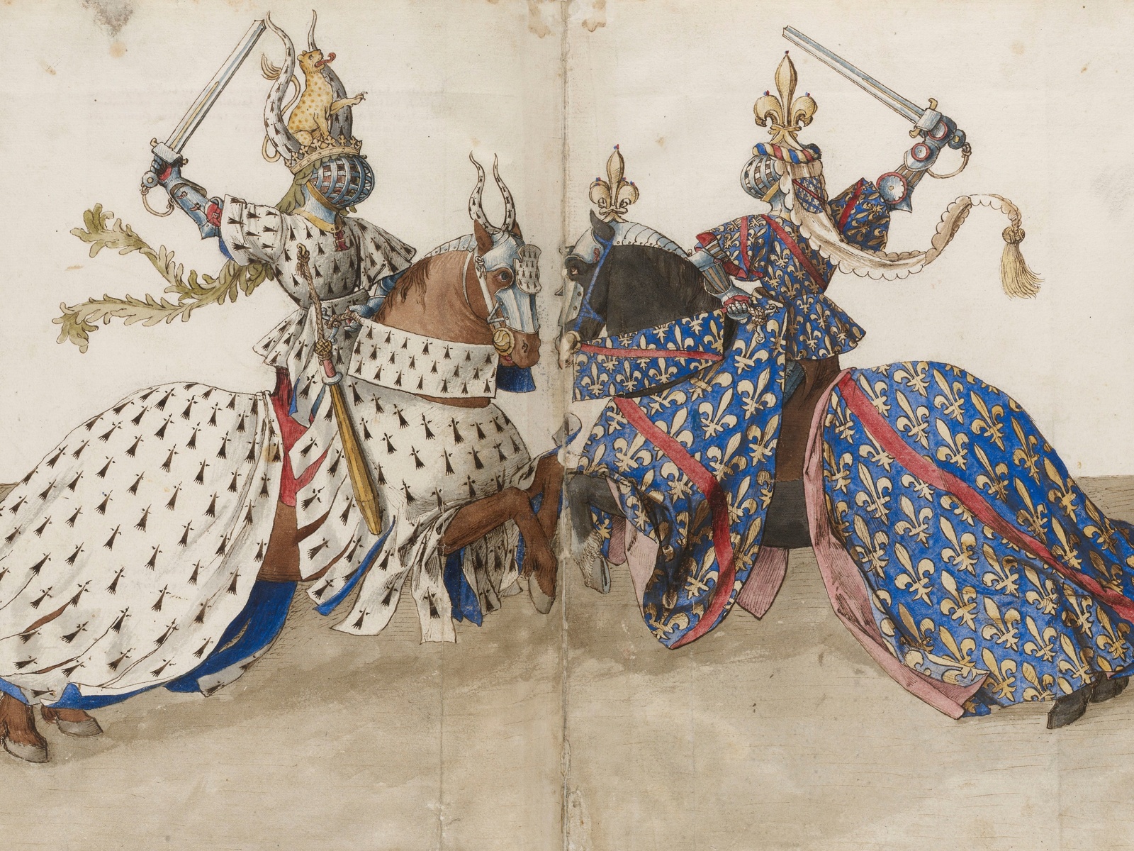 barthelemy deyck, circa 1460, two dukes of brittany and bourbon on horseback armed and with crests as if they were at the tourney