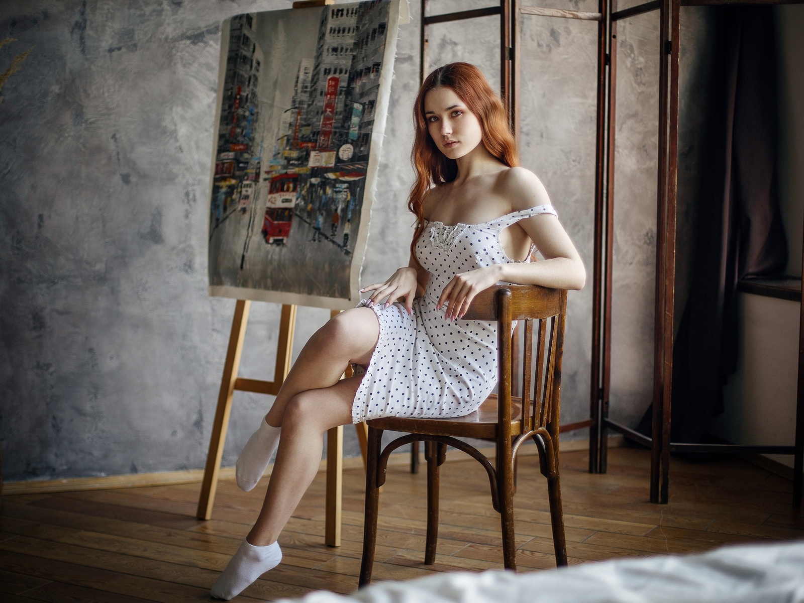 maksim chuprin, nadezhda tretyakova, polka dots, women, model, redhead, dress, white dress, women indoors, chair, bed, window, easel, short socks