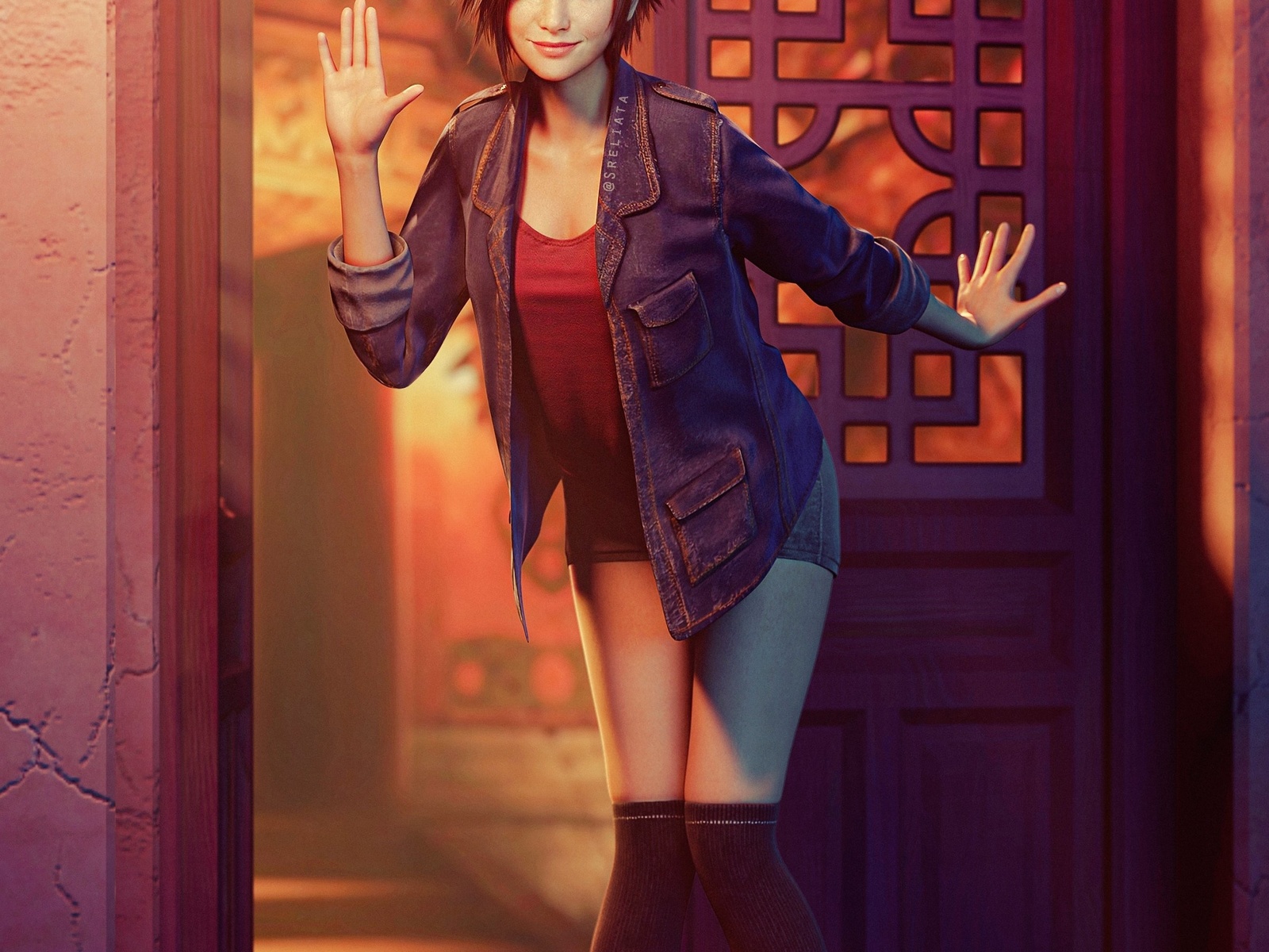 sreliata, yuffie kisaragi, women, brunette, final fantasy, final fantasy vii, final fantasy vii: remake, video games, video game girls, digital art, jacket, denim jacket, blouse, door, thigh high socks, jean shorts