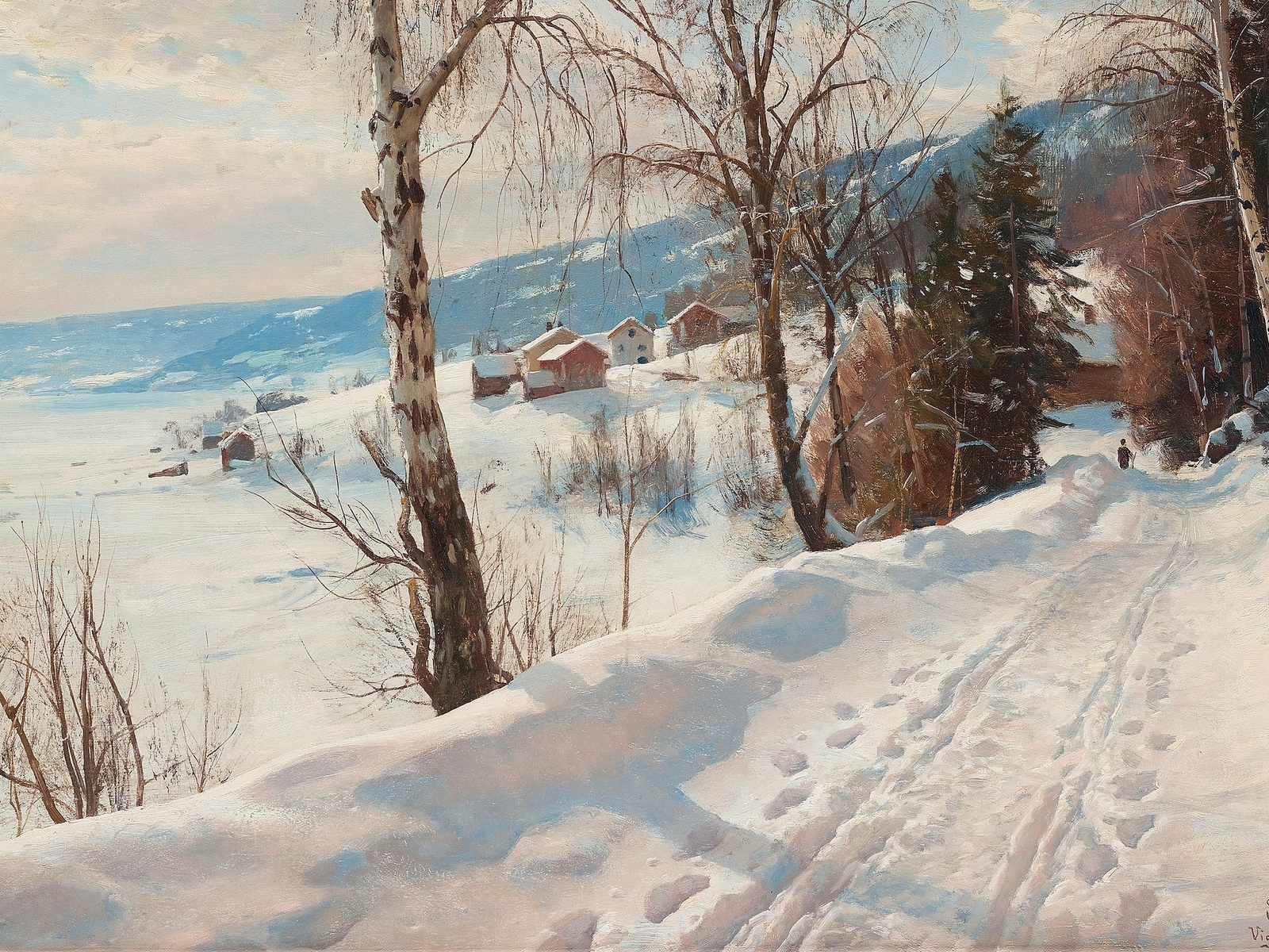 peder mork monsted, danish, 1916, winter scene from vignaes