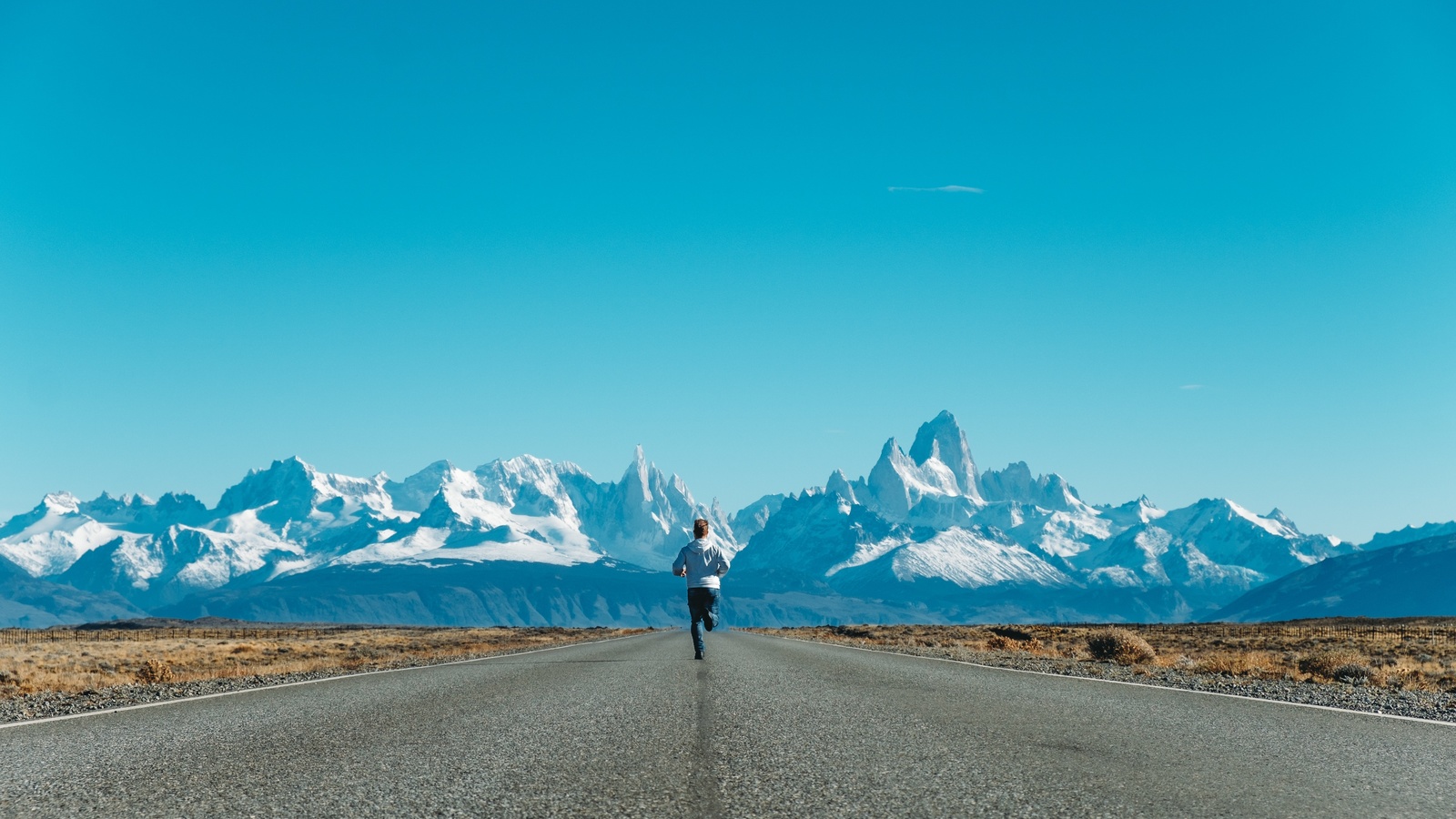 running man, nature, mountain, road, blue sky