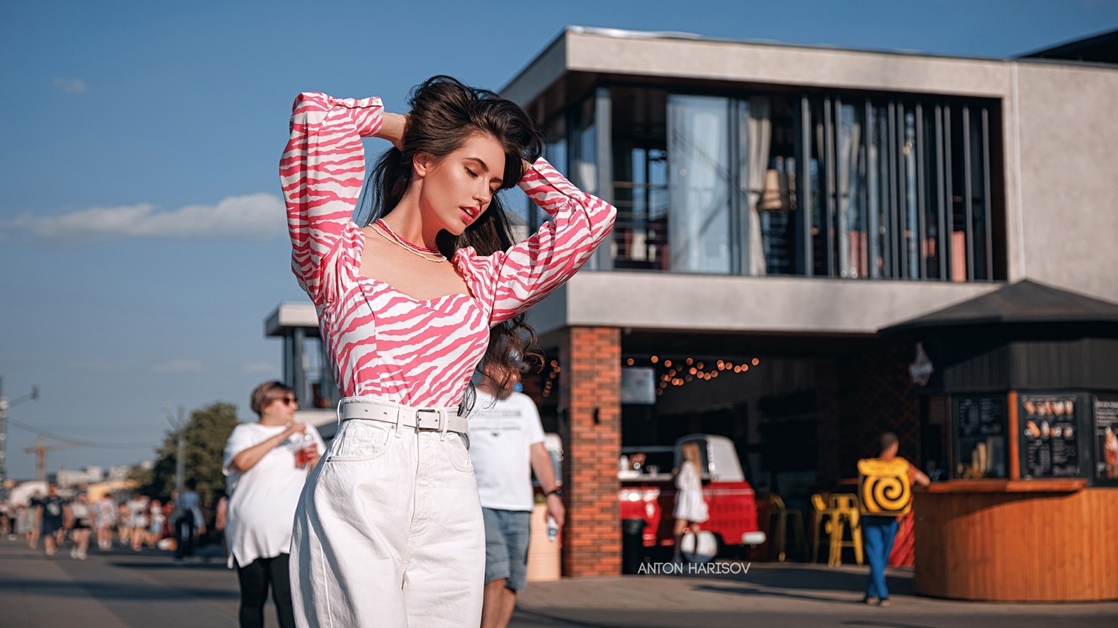 anton harisov, brunette, women, model, women outdoors, public, clouds, sky, blouse, pants, street, people