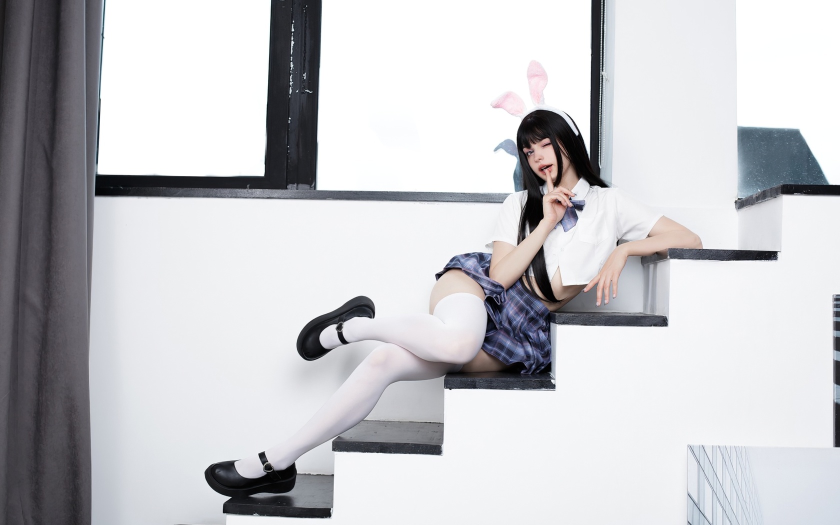 bunny girl, brunette, cosplay, model, women, bunny ears, schoolgirl, school uniform, white stockings, plaid skirt, stockings, shoes, stairs, thighs, wink