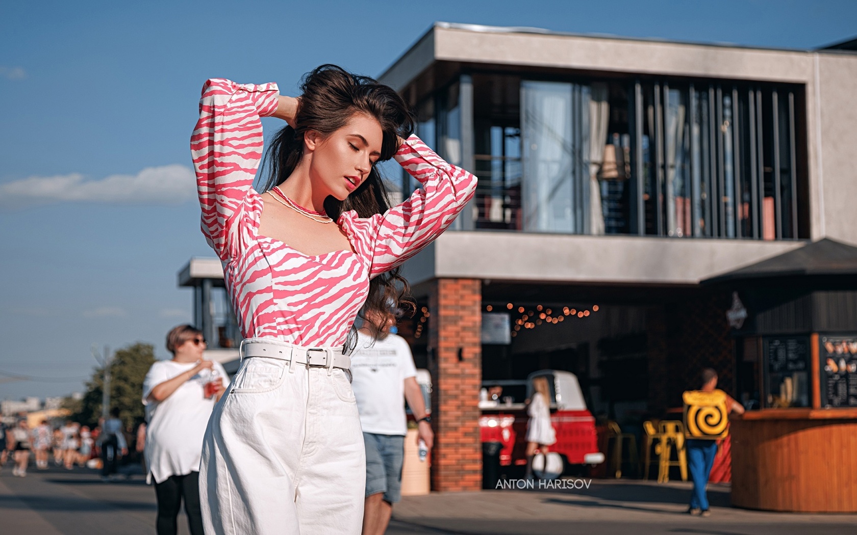 anton harisov, brunette, women, model, women outdoors, public, clouds, sky, blouse, pants, street, people