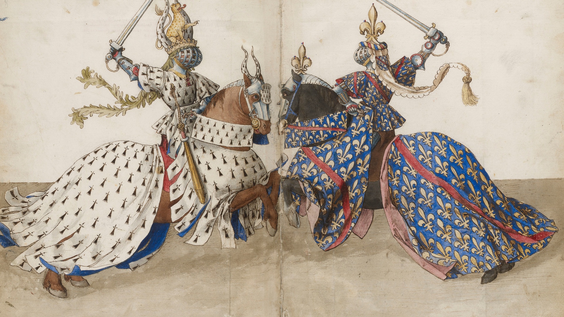 barthelemy deyck, circa 1460, two dukes of brittany and bourbon on horseback armed and with crests as if they were at the tourney