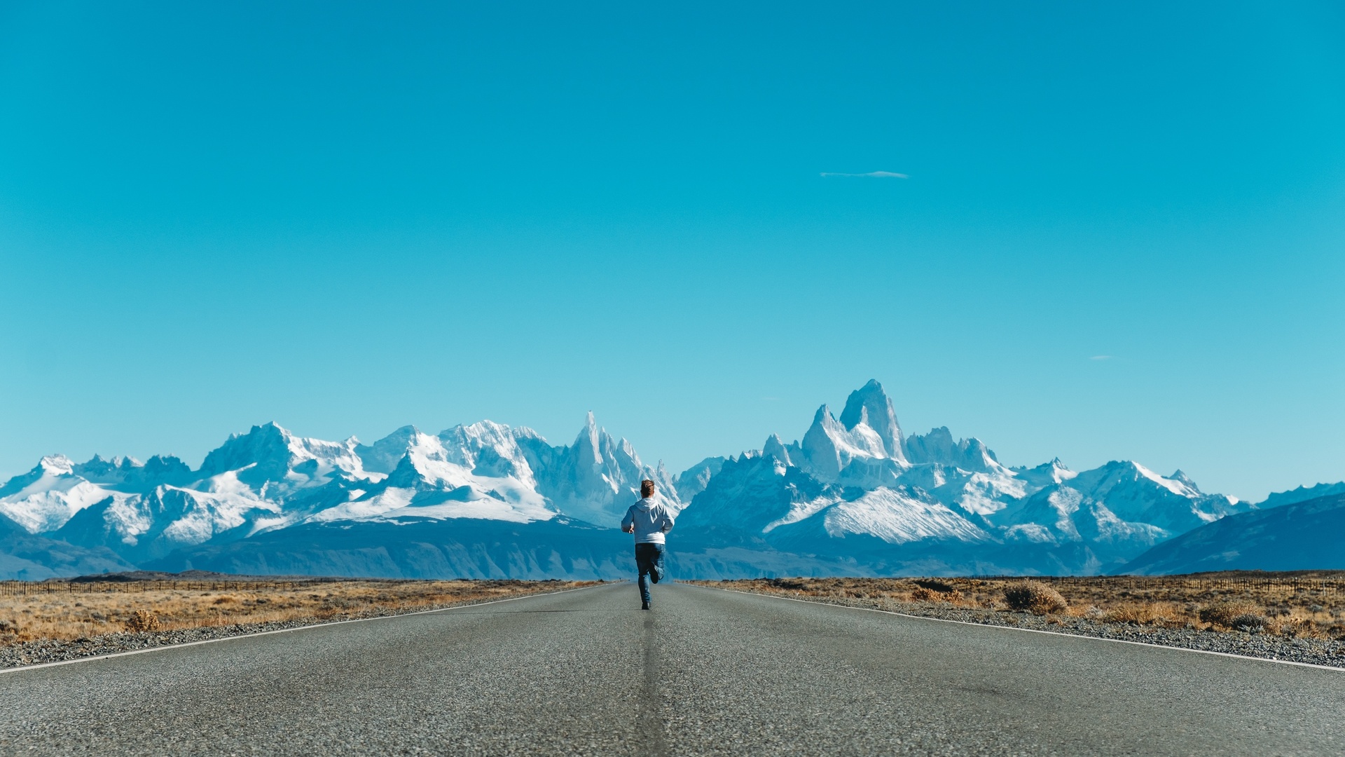 running man, nature, mountain, road, blue sky