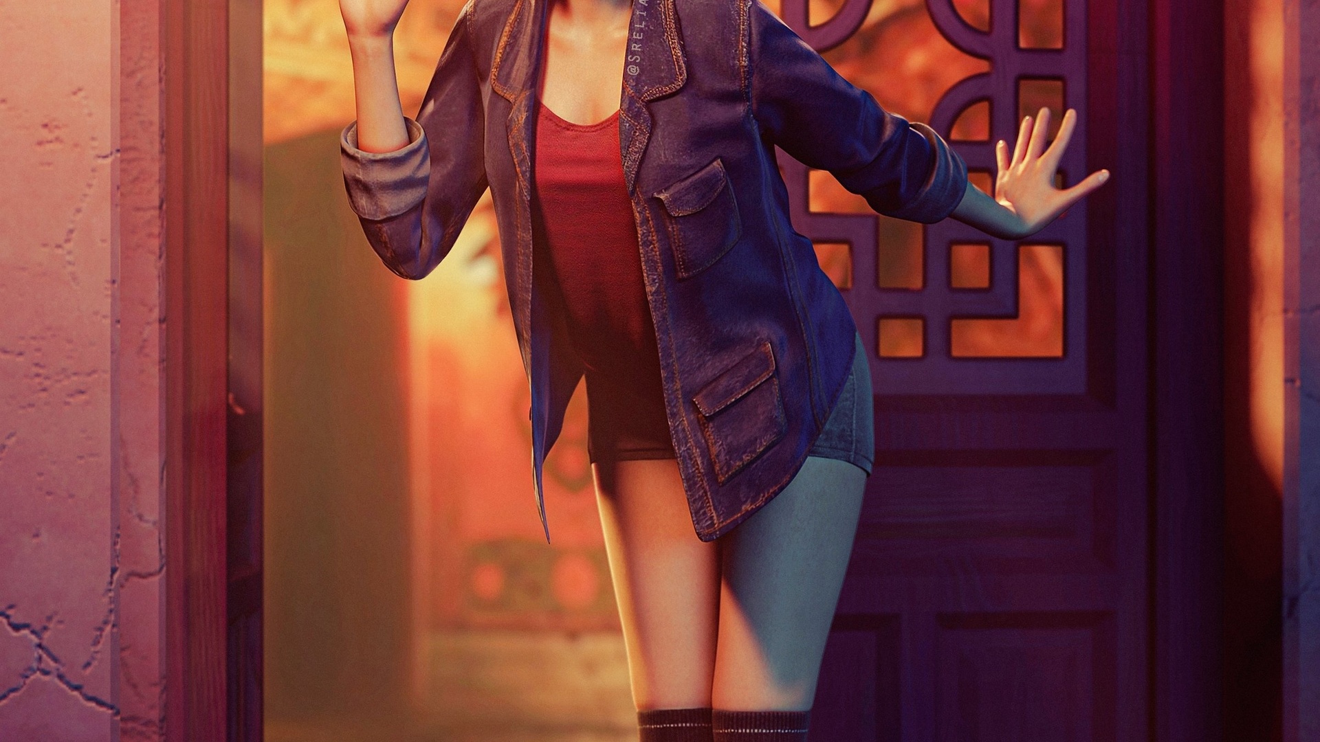 sreliata, yuffie kisaragi, women, brunette, final fantasy, final fantasy vii, final fantasy vii: remake, video games, video game girls, digital art, jacket, denim jacket, blouse, door, thigh high socks, jean shorts