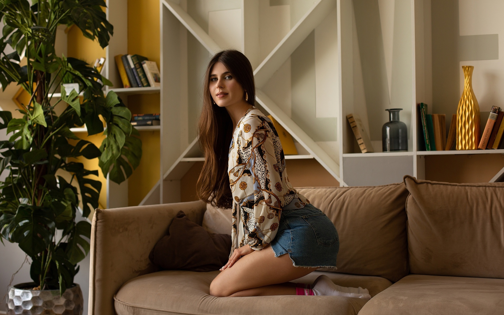 damp zergut, luna pica, women, model, brunette, women indoors, jean shorts, couch, socks, short socks, plants, blouse