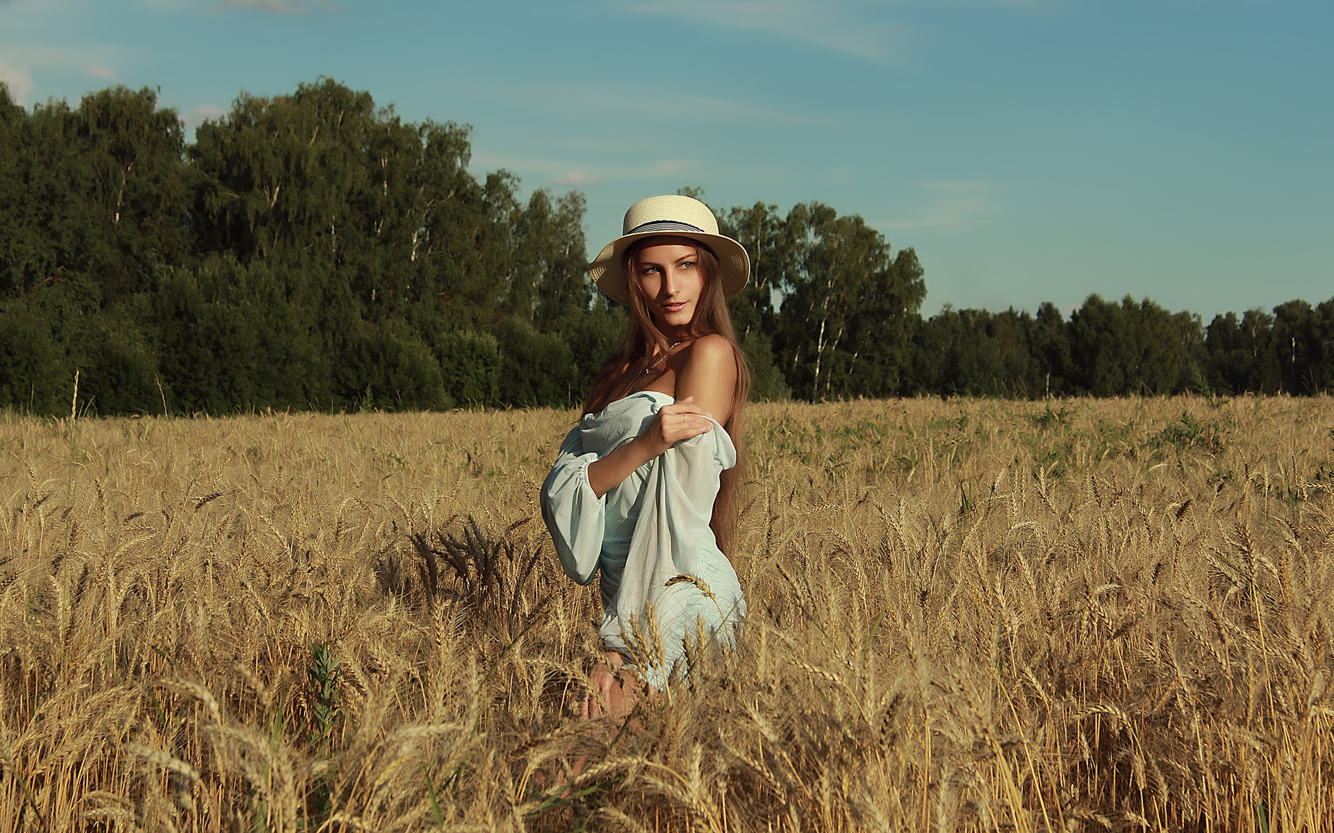 brunette, model, women, wheat, women outdoors, dress, hat, trees, nature, clouds, sky