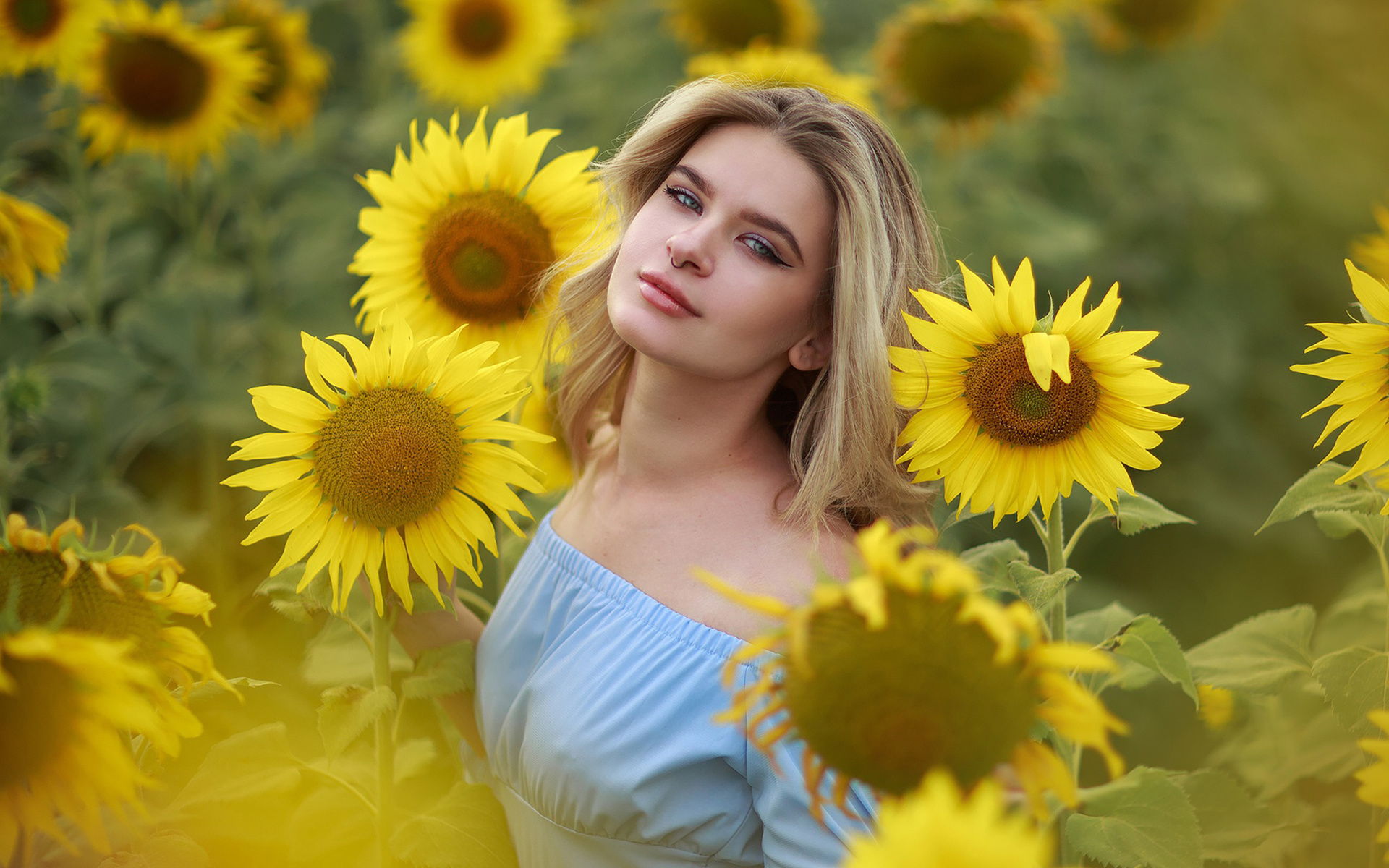 women, model, blonde, women outdoors, blue dress, dress, sunflowers, pierced nose, nature