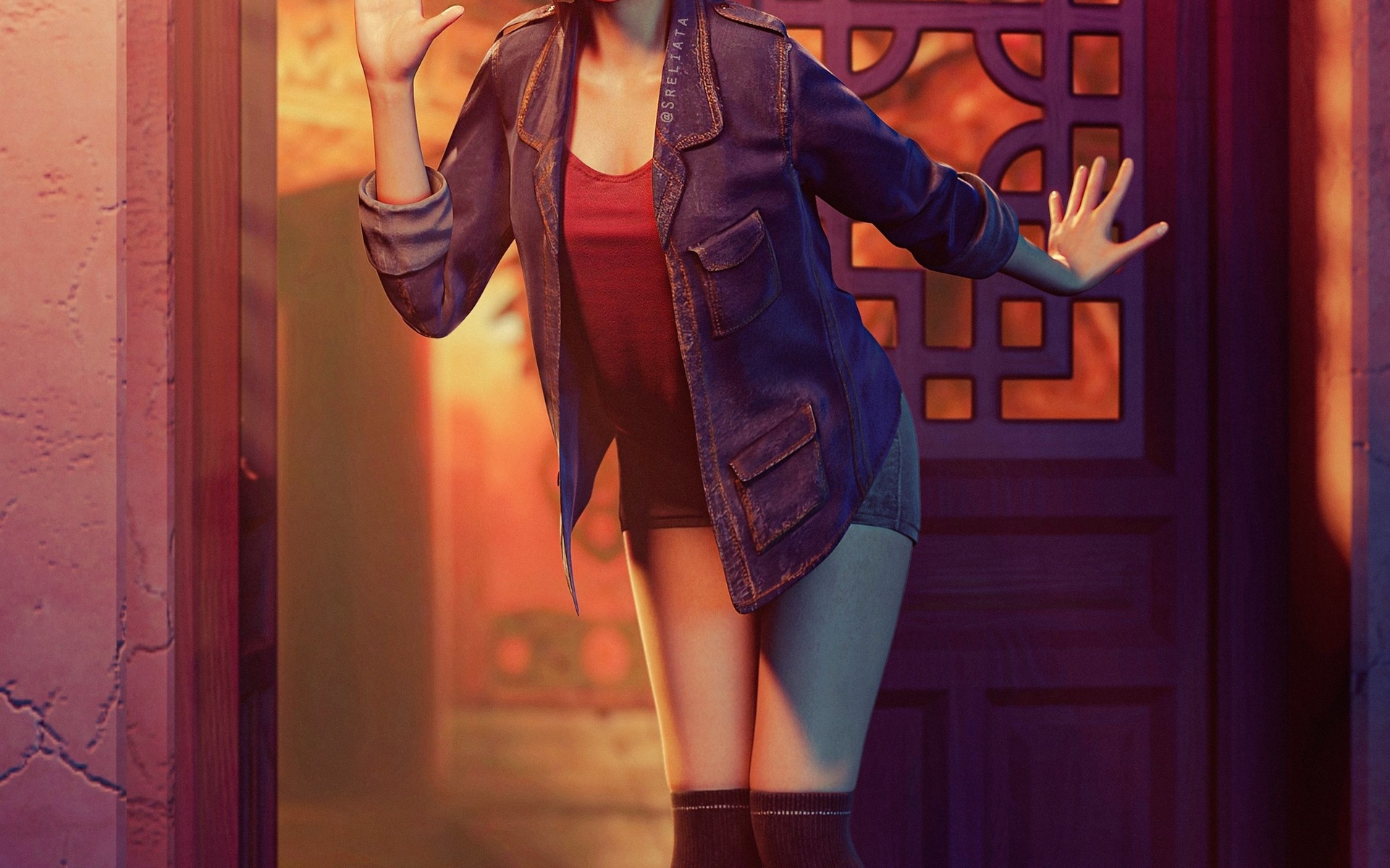 sreliata, yuffie kisaragi, women, brunette, final fantasy, final fantasy vii, final fantasy vii: remake, video games, video game girls, digital art, jacket, denim jacket, blouse, door, thigh high socks, jean shorts