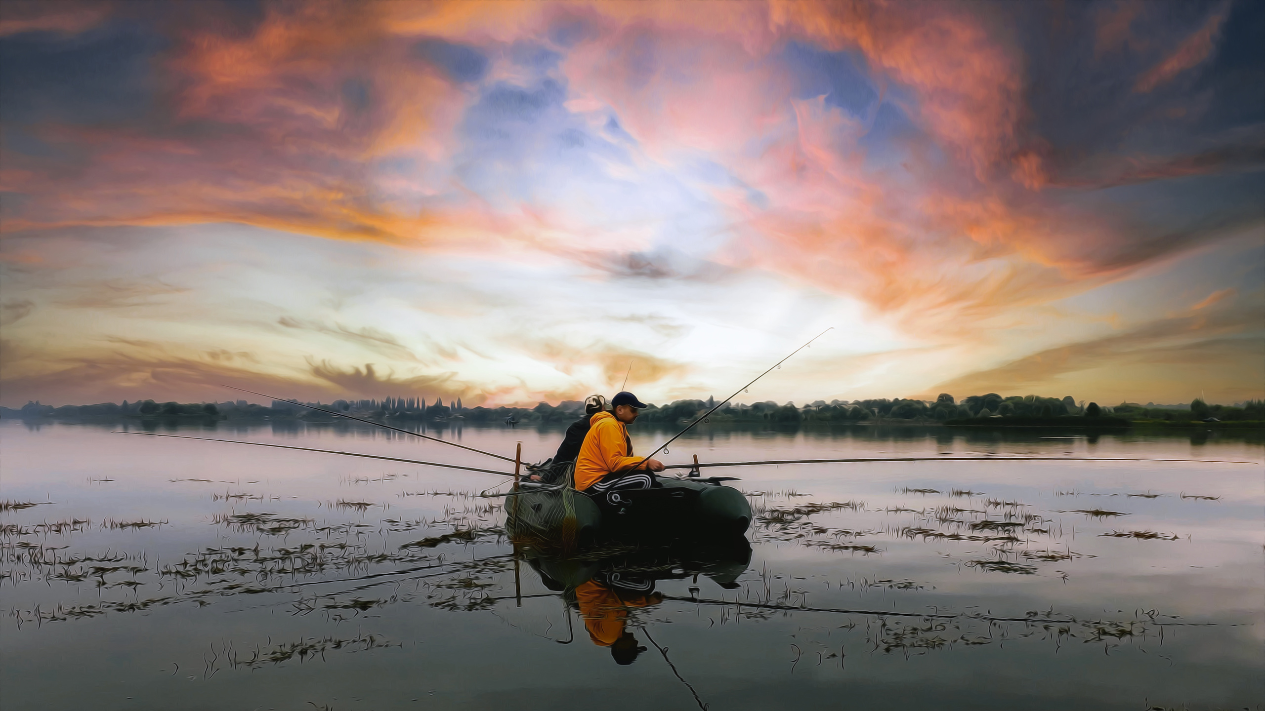 nature, fishing, sunset, lake