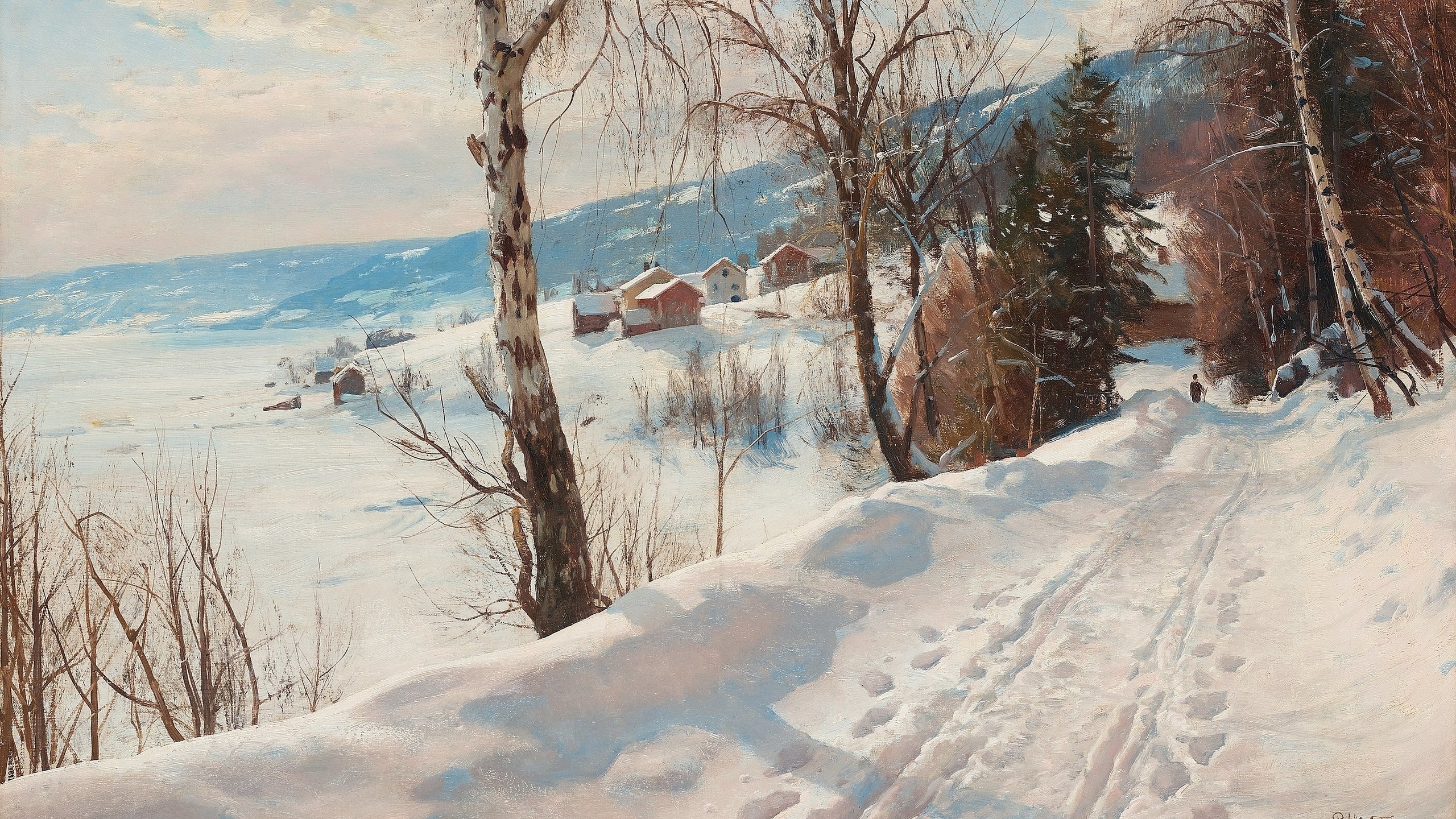 peder mork monsted, danish, 1916, winter scene from vignaes