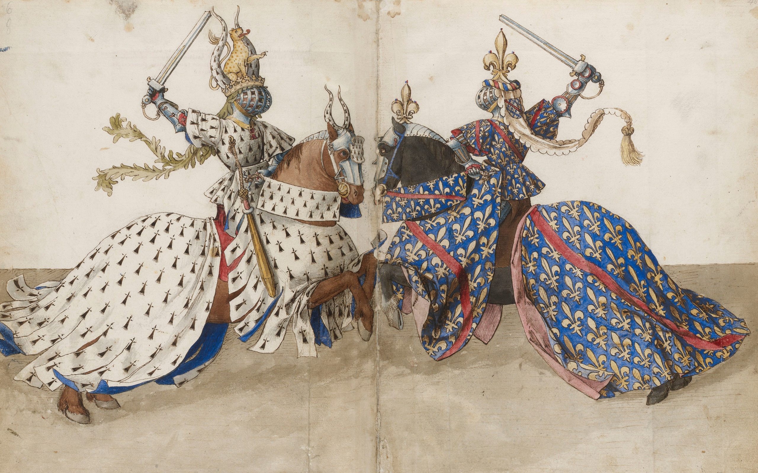 barthelemy deyck, circa 1460, two dukes of brittany and bourbon on horseback armed and with crests as if they were at the tourney