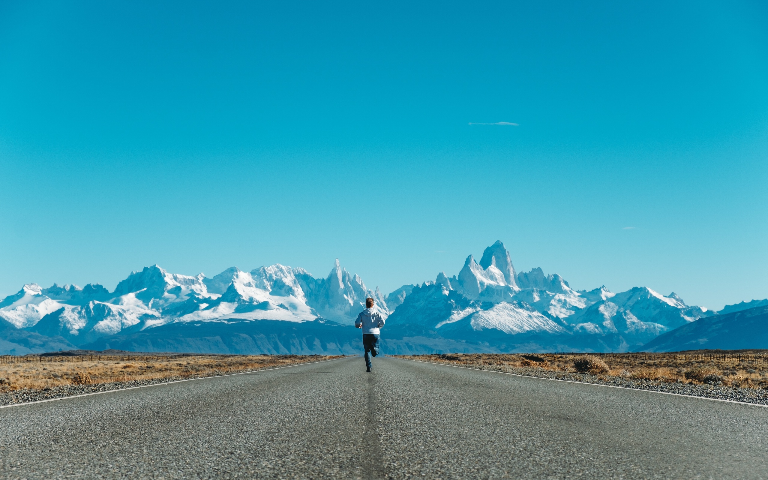 running man, nature, mountain, road, blue sky