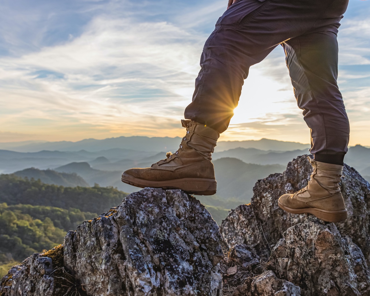 sunset, mountain, hiking boots