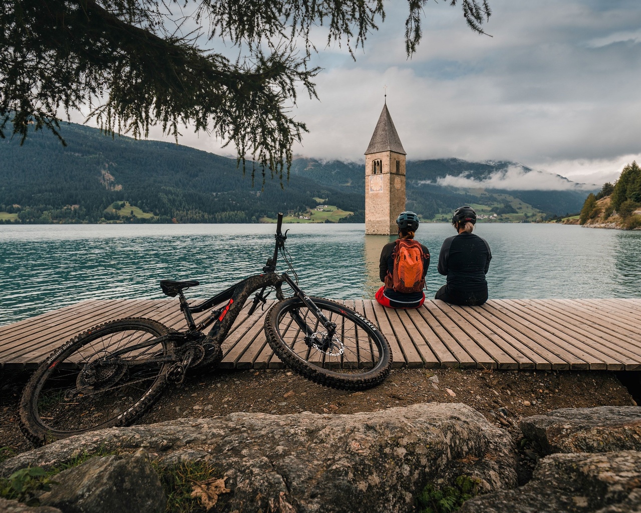 lake reschen, south tyrol, italy, graun church tower