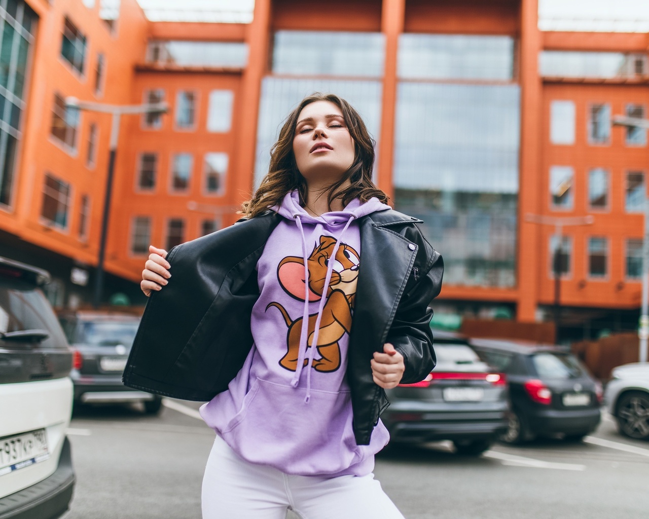 women, model, brunette, women outdoors, jeans, white jeans, leather jacket, sweatshirt, closed eyes, public, car, cars, vehicles