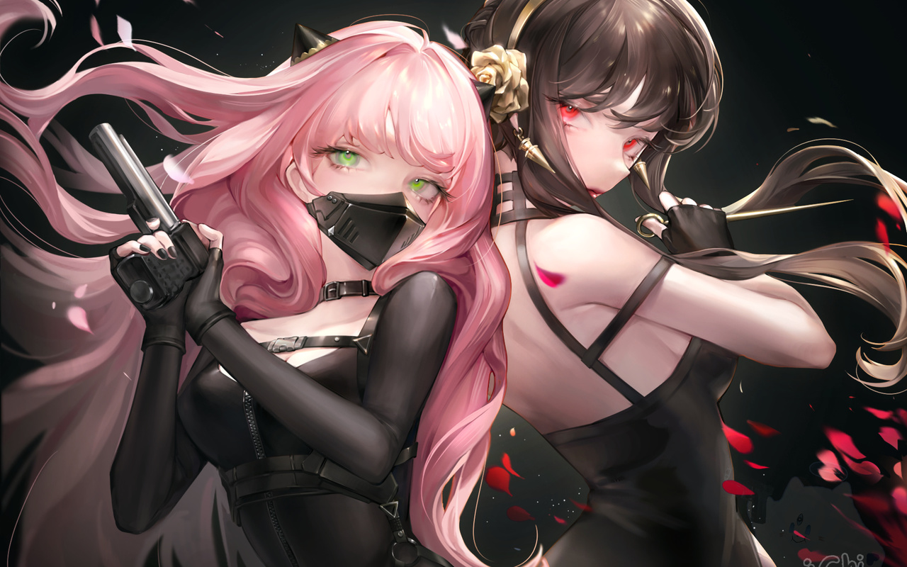 Картинки spy x family, anya forger, yor forger, women, brunette, pink hair,  green eyes, red eyes, black dress, bodysuit, gun, pistol, gloves, anime  girls, anime, mask, black background, digital art - обои