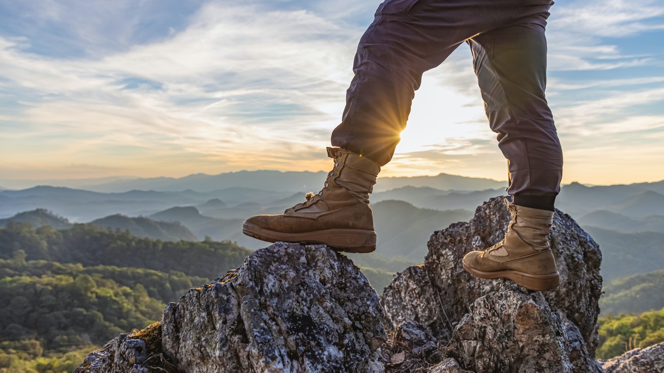 sunset, mountain, hiking boots