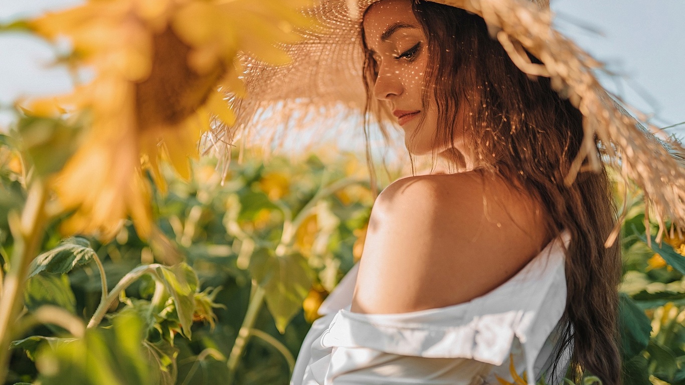 sergey freyer, women, brunette, women outdoors, sky, clouds, sunflowers, nature, white shirt, shirt, straw hat