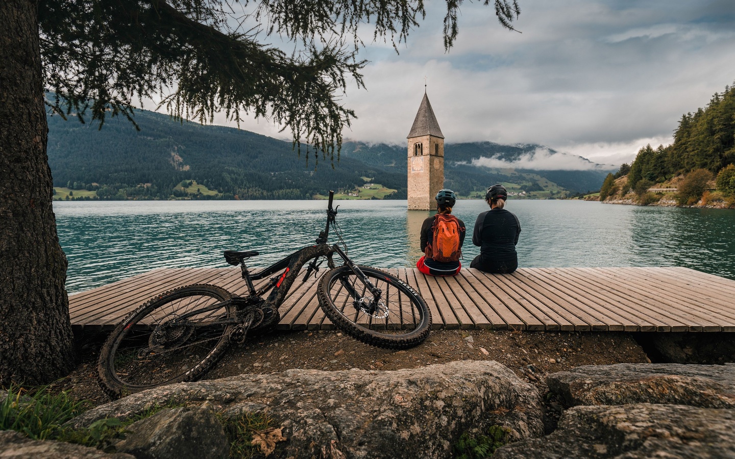 lake reschen, south tyrol, italy, graun church tower