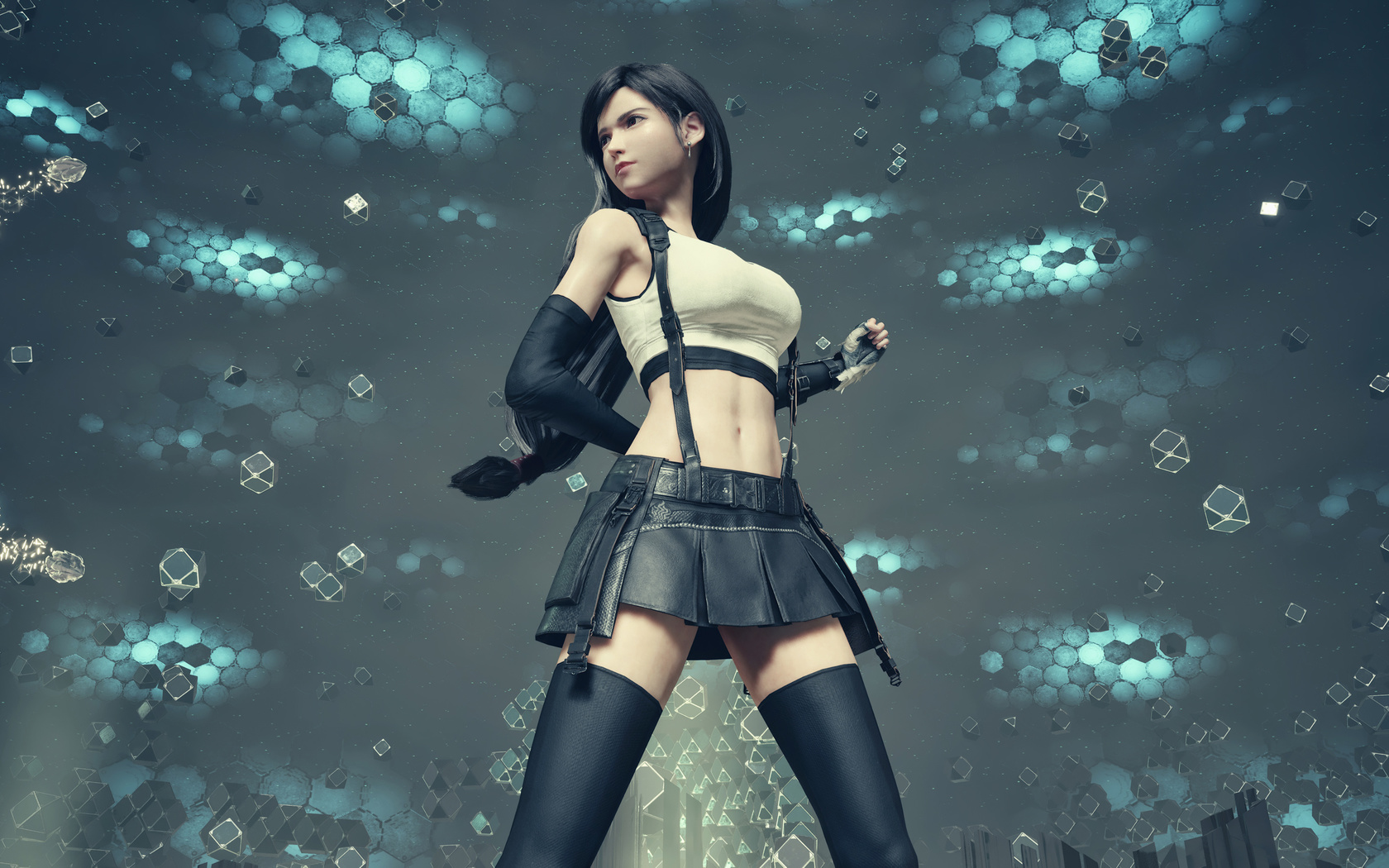 tifa lockhart, final fantasy, final fantasy vii, final fantasy vii: remake, video games, video game girls, digital art, women, brunette, abstract, gloves, miniskirt, short tops, t-shirt, black stockings, stockings