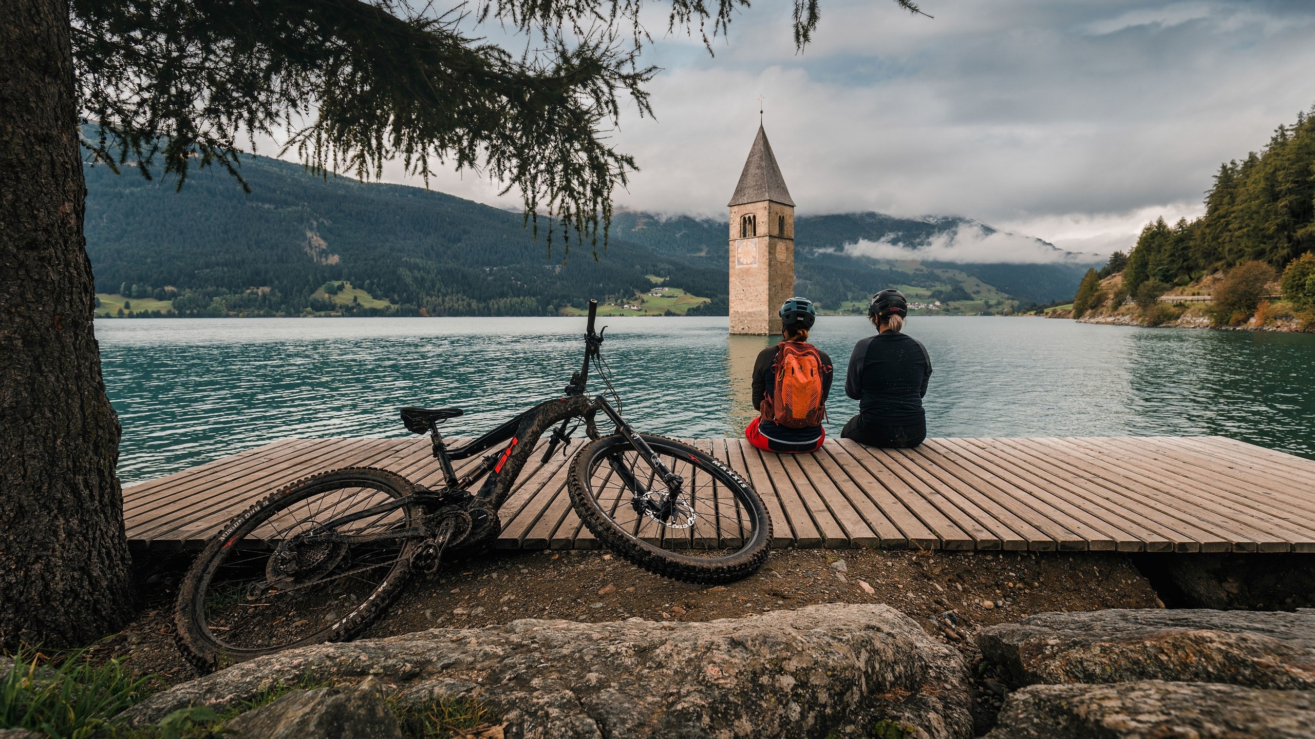 lake reschen, south tyrol, italy, graun church tower