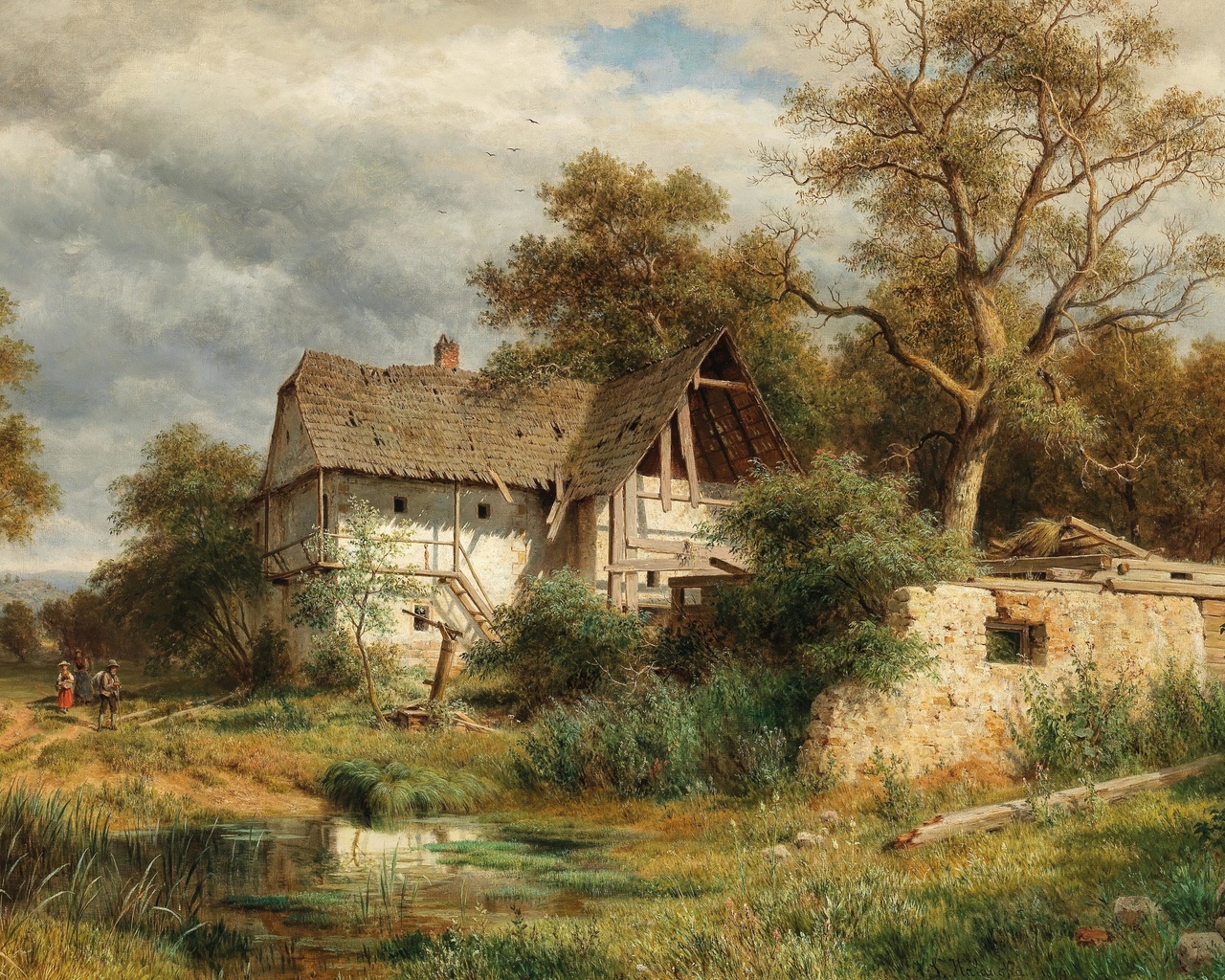 ludwig halauska, austrian, 1879, a dilapidated farmyard in the laabach valley near kaumberg