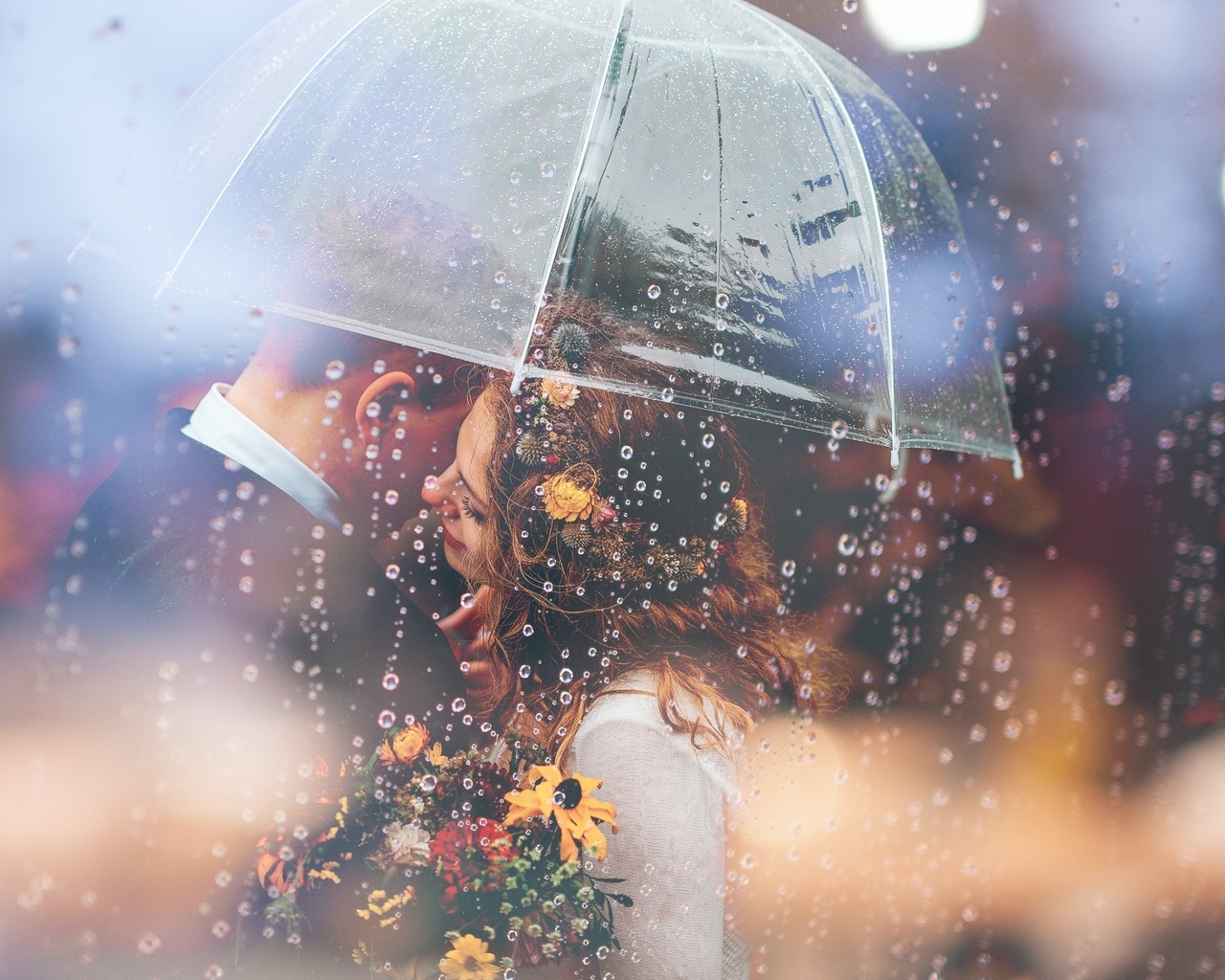 wedding, rain, green, reflection