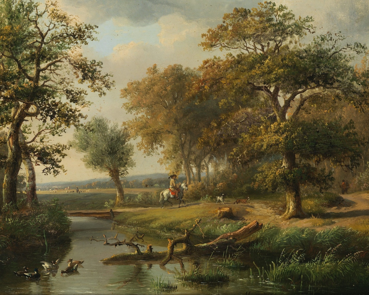 louis pierre verwee, belgian, wooded landscape with a river and riders