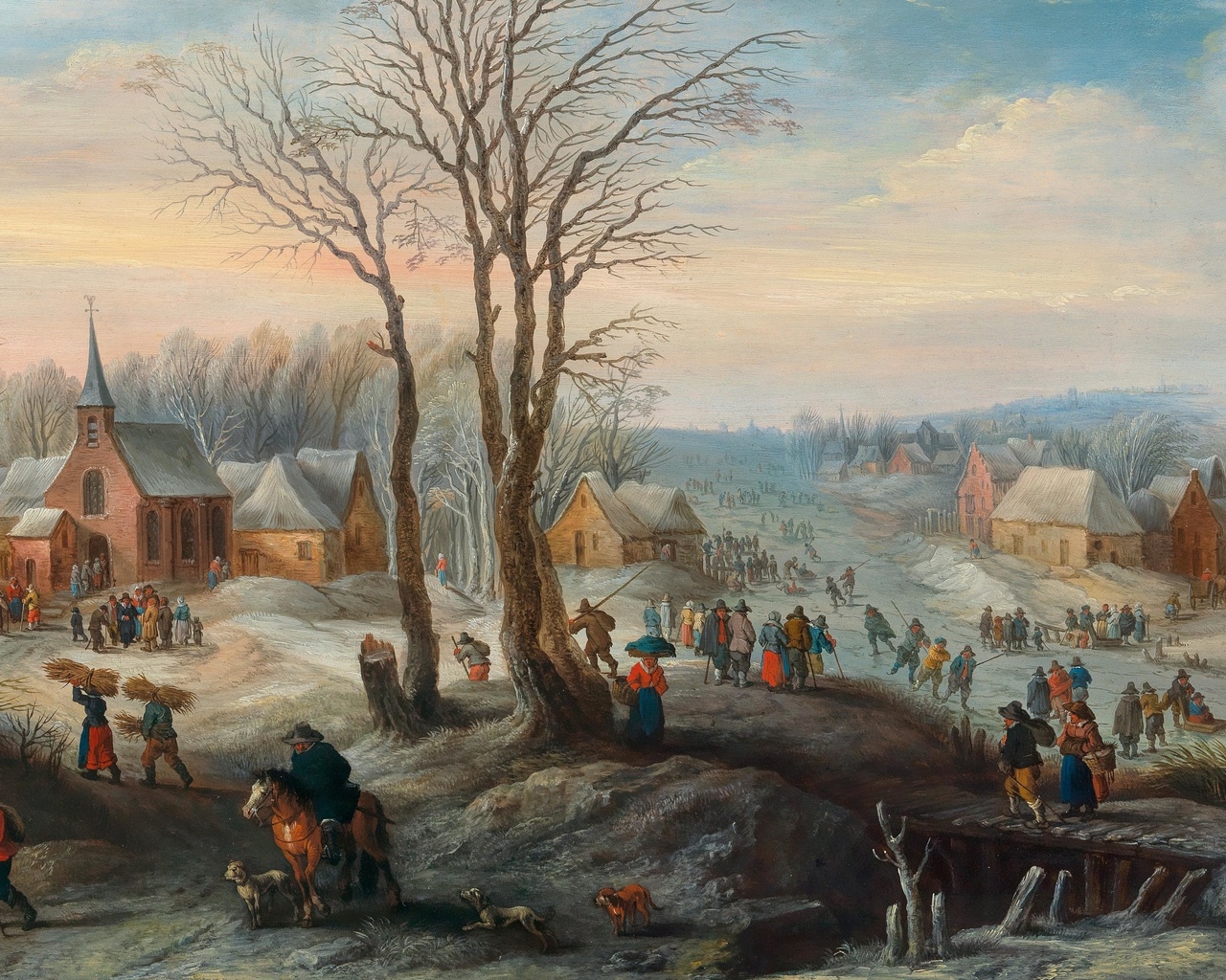 karel beschey, flemish, a winter landscape with numerous figures in a village