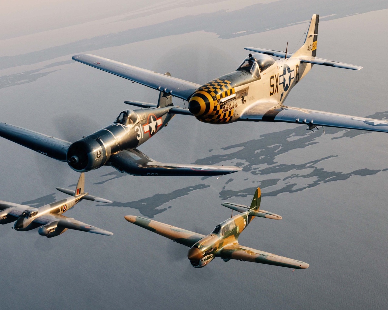 chance vought f4u corsair, de havilland mosquito, p-51 mustang, curtiss p-40 warhawk, breitling super avi collection