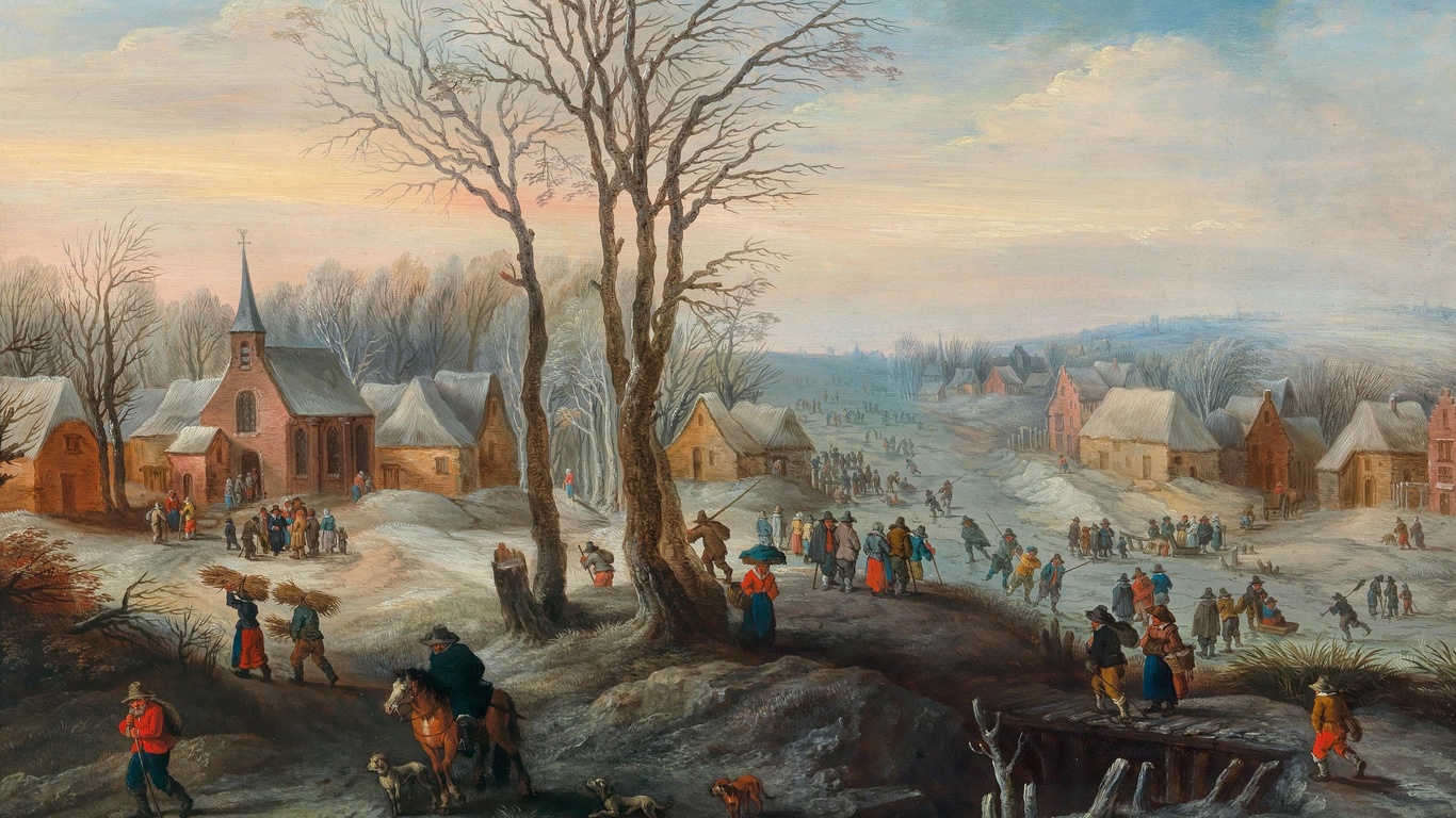 karel beschey, flemish, a winter landscape with numerous figures in a village