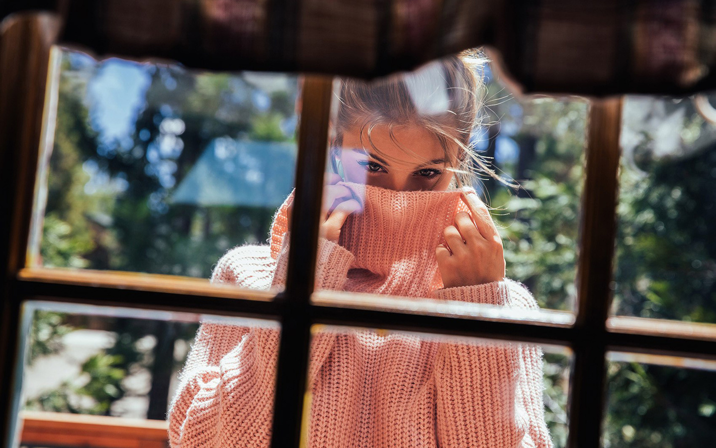 women, model, brunette, women outdoors, sweater, looking out window, eyes, garden