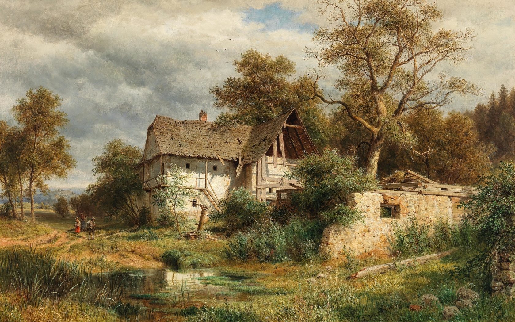 ludwig halauska, austrian, 1879, a dilapidated farmyard in the laabach valley near kaumberg